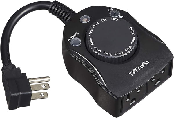 Outdoor Timer Outlet, Dusk to Dawn Light Sensor Timer, Weatherproof 2 Grounded Outlets for Christmas Lights (1 Pack)