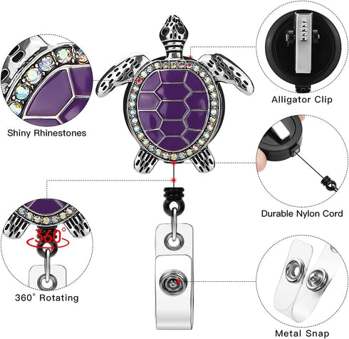 Soleebee Enamel Sea Turtle Badge Reel, 24'' Retractable ID Holder with Bling Rhinestone Clip (Purple)