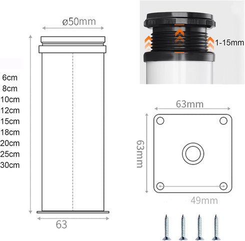 HJYCLFAZU Pack 4 6 cm) SpeeSy of Adjustable Furniture feet, Metal Table Legs, Stainless Steel Cabinet Base feet for TV