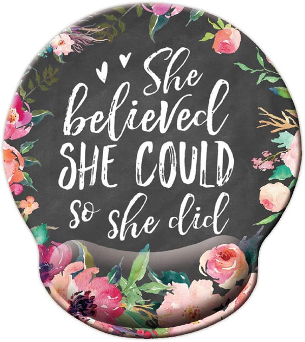 She Believed She Could So She Did Mouse Pad, Watercolor Floral with Wrist Support for Computer