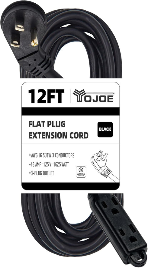 YOJOE 12 ft Flat Plug Extension Cord with 3 Outlets, Heavy Duty 16/3 SJTW for Kitchen Office