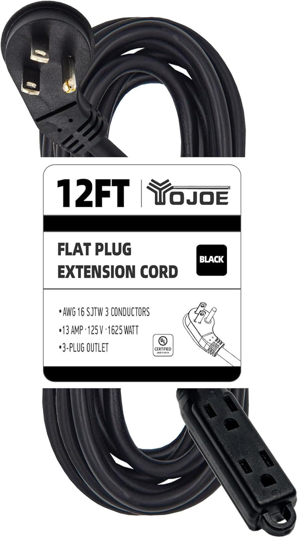 YOJOE 12 ft Flat Plug Extension Cord with 3 Outlets, Heavy Duty 16/3 SJTW for Kitchen Office