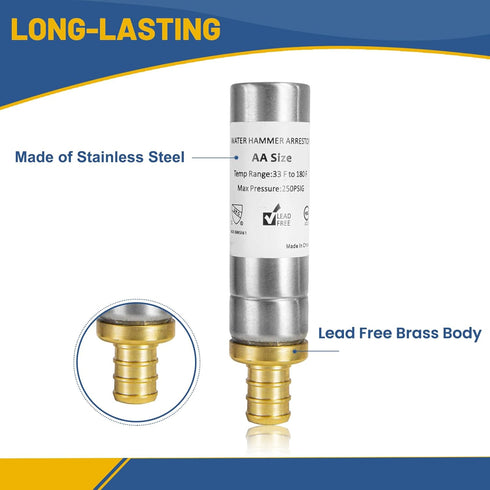 Water Hammer Arrestor, 1/2 Inch Straight Stainless Steel Water Arrestor, F1807 PEX Crimp Connection (2 PACK)