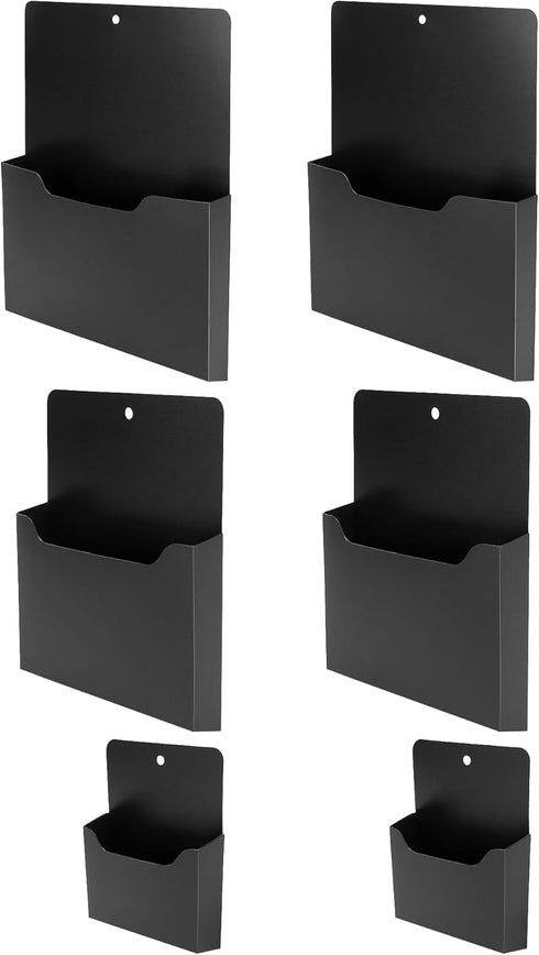 QWORK Multi-Sized Magnetic File Holder Set - 6 Pack Black Polypropylene Organizers with Magnetic Back for Home and