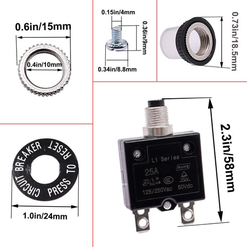 smseace 20Amp Electric Button Breaker 125/250VAC Thermal Overload Protector L1 Series with Quick Connect Terminals