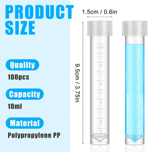 100 Pcs 10ml Plastic Test Tubes with Lids Vial Seal Cap Container Small Storage Tubes with Caps Clear Test Lab Tubes with Silicone Sealing Ring for Science Experiments Sample Water Liquid
