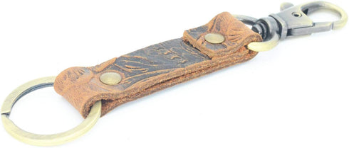 JJNUSA Brown Leather Key Chain with Flower Pattern and Easy Clasp Key Wrist Lanyard Holder