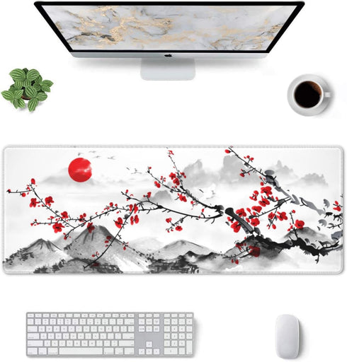 Watercolor Cherry Blossom Mouse Pad 31.5x11.8 Inch, Pink Full Desk, Non-Slip Rubber Base, Waterproof Big Keyboard Mat