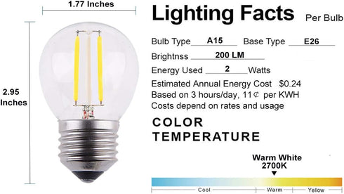 Dimmable A15 Mini LED Globe Bulb, 2W 200lm, E26 Regular Base, 2700K Warm White, Clear Glass Cover, Pack of 2