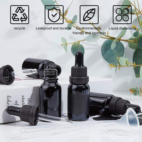 15 Packs 15ml BENECREAT Black Glass Dropper Bottle Vials Glass Eye Dropper Bottle with Labels, Plastic Hoppers