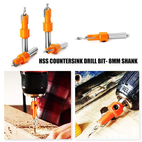 Countersink Drill Bit Set for Wood with Hex Key Wrench, 8mm Shank, 10mm Countersink Diameter, 5pcs Timber Carpentry