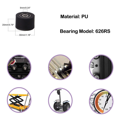 MroMax Roller Idler Bearing Pulley, 6 x 30 x 20mm Sliding Conveyor PU Wheel, 1 Pcs