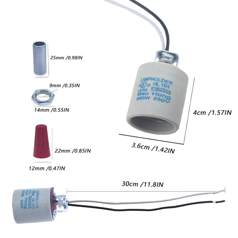 E26 E27 Bulb 12" Bulbs (4pcs) Ceramic Light Socket Standard Medimun Base Screw Lamp Holder Socket with Wire Lead
