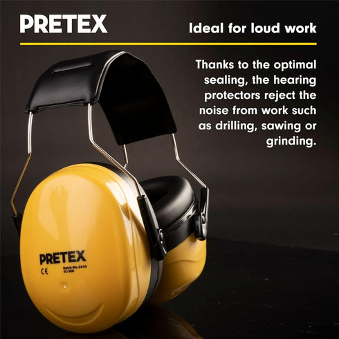 PRETEX Yellow Ear Defenders - Adjustable Over-Ear Muffs with SNR 34dB Noise Cancellation for Work or Home Protection.