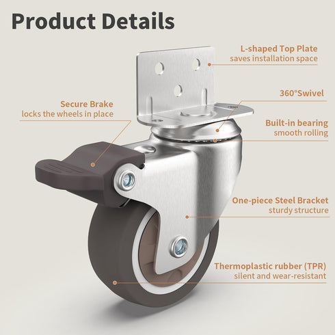 Chegulu 2" 600 Lbs, 4 L-Shaped Swivel Plate Casters, TPR Silent Furniture Wheels with Brakes, Total Load Capacity