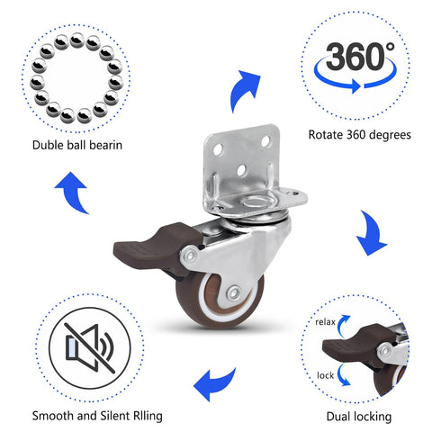 Side Mount Casters Set of 4 with Brake, 1.25 Inch L-Shape TPR Plate Casters for Furniture, Baby Bed, and More