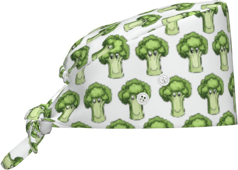 Nurse Scrub Cap Men Women with Buttons - Cute Cartoon Cauliflower B