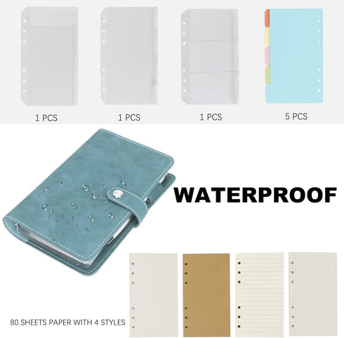 FYY Leather A6 Binder, 6 Ring Notebook, Refillable with Pockets, Blue PU Leather Travel Cover