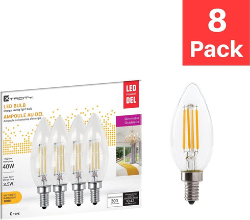 Xtricity B11 LED Bulb with E12 Base, 3.5W Torpedo Filament Chandelier Bulb, 40W Equivalent, 300 Lumens, B11 Bulb Soft White 3000K, Dimmable, 120V, Candelabra Base, Clear Glass, (8 Pack) by Xtricity