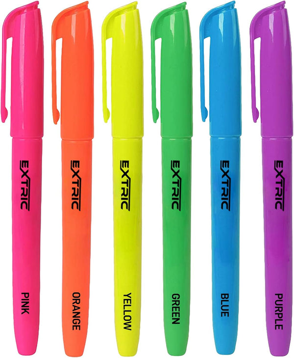 EXTRIC Highlighters, 6 pk. Assorted Colors Fluorescent Highlighter-Pen Style, Chisel Tip Smudge Free Pocket Highlighter