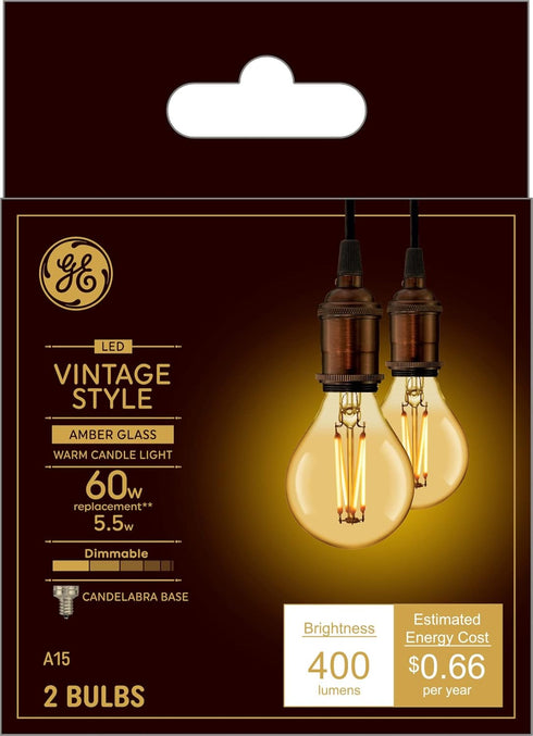 GE Lighting Vintage Style LED Light Bulbs, 60 Watt Equivalent, Amber Glass, Warm Candle Light, A15, 2 Pack