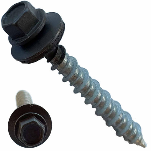 Metal Roofing Screws - #10 x 1.5” – Self Tapping Hex Head with EPDM Rubber Washer for Metal to Wood, Brown (100)