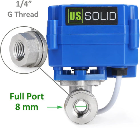 1/4" 304SS 9-24V 2 Setup U.S. Solid Motorized Ball Valve- NSF Certified Ball Valve with Full Port, AC/DC and Wire Auto