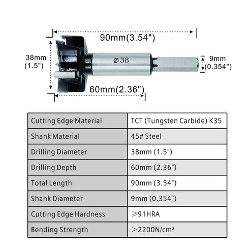 Forstner Drill Bits 38mm (1-1/2 inch) - Tungsten Carbide Upgraded Version Wood Hole Saw for Drilling