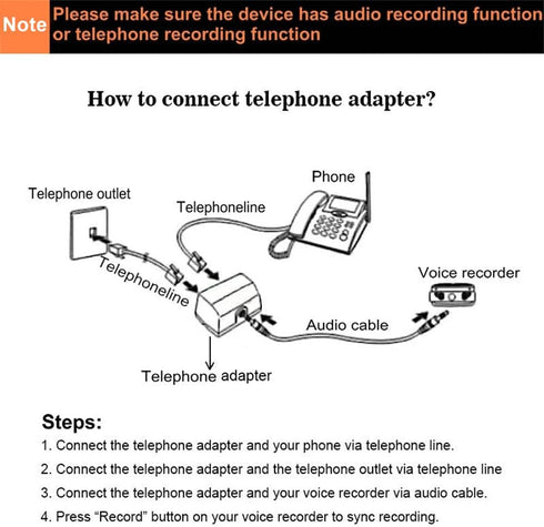 RJ11 3.5mm Analog Telephone Adapter for Split The Line to Telephone and Voice Recorder, with Two Port for Incoming