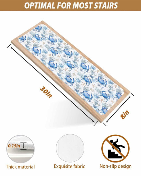 BOHOOSKYLAR 4 8"x30" Ocean Crab Stair Treads Seaweed Starfish Coral Blue Texture Indoor Non Slip Peel and Stick Stair