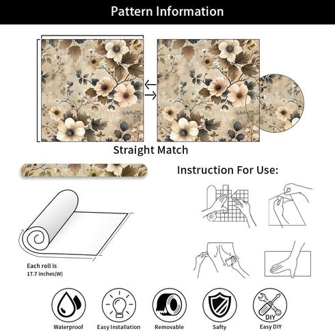 REDAMANCY 17.7"x236" Brown Beige Flower Vintage Peel and Stick Wallpaper Modern Wall Paper Stick on Contact Paper Easy