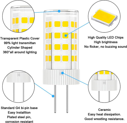 G4 Bulb 4W 6000K 12V T3 20-35W Non-dimmable 6 Pack LED Daylight White AC/DC JC Type Bi-Pin Halogen Equivalent