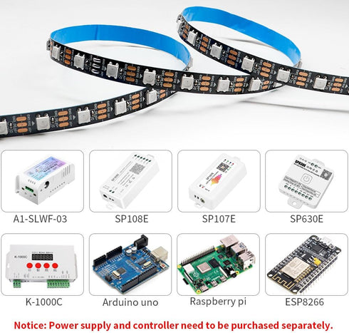 WS2812B 5050SMD 16.4FT 300LED 60LED/m IP30 DC5V IC RGB ECO Individual Addressable LED Strip Light, Flexible Full Color