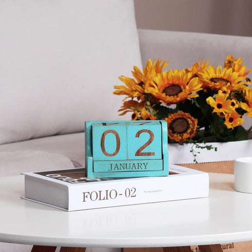 Wooden Desk Calendar Blocks, Perpetual Date Block for Teachers, Rustic Decoration, Small Home Desktop Decor (Ocean Blue)