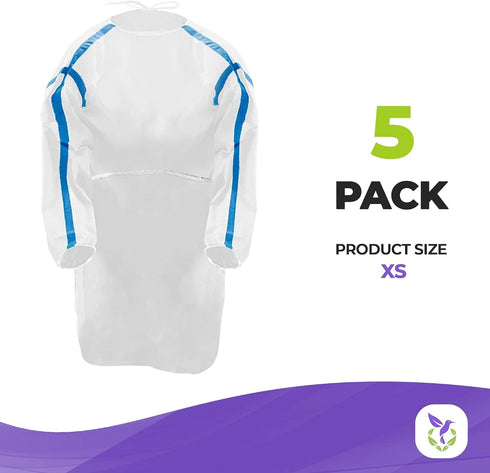 5 Pack 35 AMZ Medical Supply White Disposable Isolation Gown, X-Small. GSM SMS PPE Gowns. Personal Protective Equipment