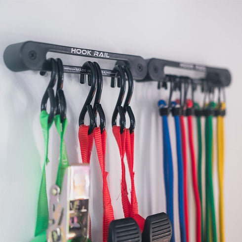 Hook Rail - 2/pk for Organizing Tie-Down Straps, Low-Profile Wall-Mounted Cargo Strap Management for Home or Garage