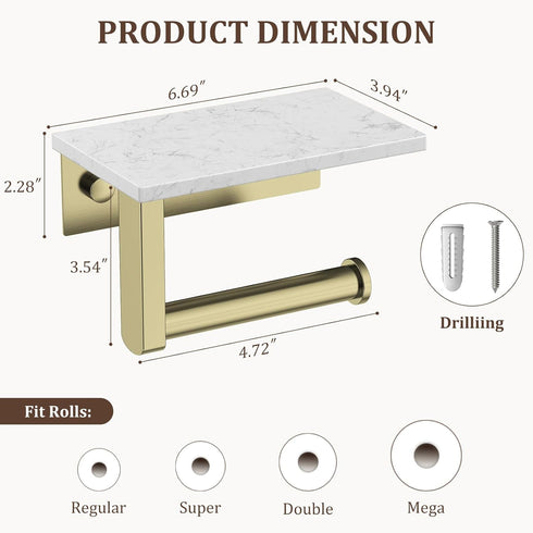 304 BWE Brushed Gold Toilet Paper Holder with Marble Shelf, Toilet Paper Roll Holder Wall Mounted, Toilet Paper Roll