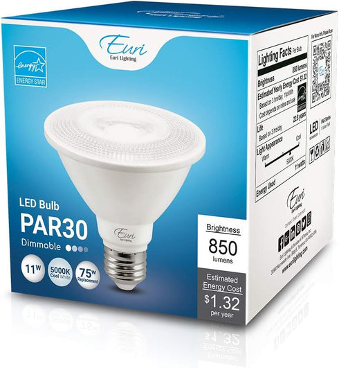 Euri Lighting EP30-11W6050es Dimmable LED PAR30 Short Neck, 11W (75W Equal), Cool White (5000K), 850lm, 80 CRI, 40