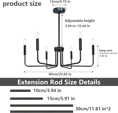 Lurinenna 6-Light Black Farmhouse Chandelier, Rustic Industrial Modern Ceiling Pendant Light, Adjustable Hanging Lamp
