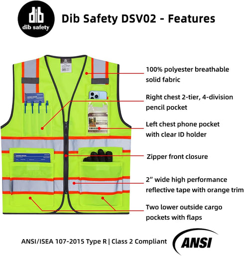 Reflective Vest, High Visibility Two Tone with Pockets and Zipper, ANSI Class 2 Compliant, Yellow with Orange Trim