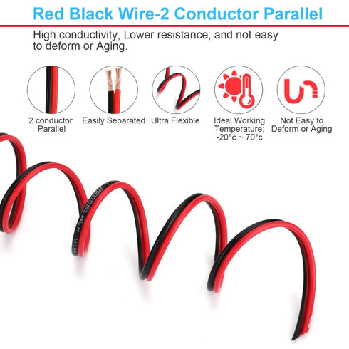 AOTORUA 100FT 14/2 14AWG 2 2 12V/24V Gauge Red Black Cable Hookup Electrical Wire, Conductor Color Flexible Parallel