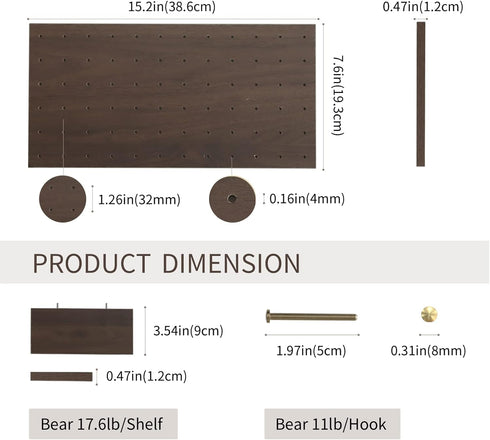 Wooden Pegboard, Sturdy Modular Grid Organizer for Walls, DIY Storage and Display Panels with Shelves and Brass Hooks