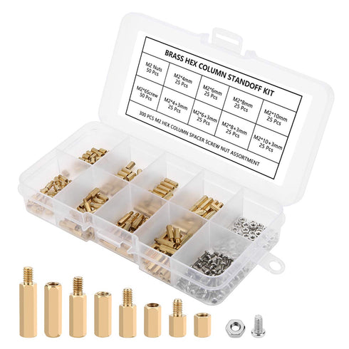 300pcs M2 Brass Standoff Kit - Hex Column Spacer Screw Assortment with Box