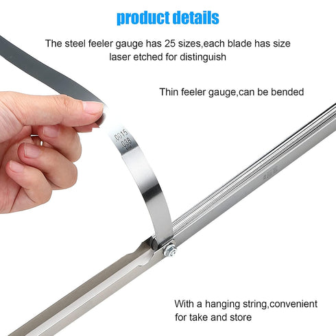 Stainless Steel Feeler Gauge Measuring Tool, Dual Marked Metric and Imperial (0.038-1.02 mm, 25 Blades) for Precision