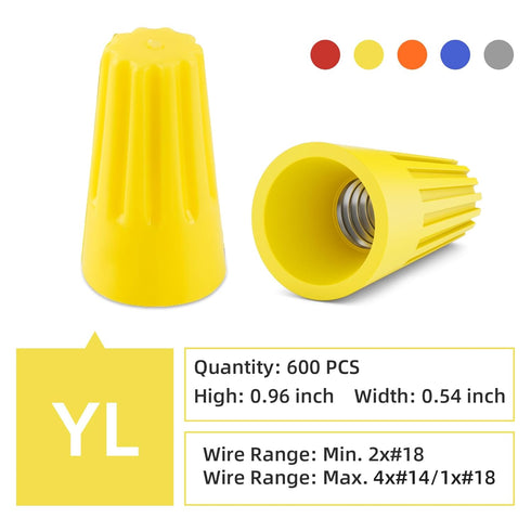 600 Pcs Yellow Electrical Wire Connectors, Spring Insert Twist Caps, Connection Wire Nuts Screw Terminals for Quick