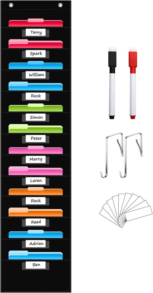 REGELETO 12 Pockets File Storage Pocket Chart, Hanging Wall File Organizer for Classroom and Office, Black