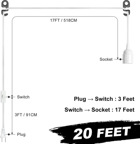 SIXZOONM 20Ft E26 Bulb Bulb) Extension Hanging Lantern Pendant Light Cord - White, Light Socket with Cord, On/Off