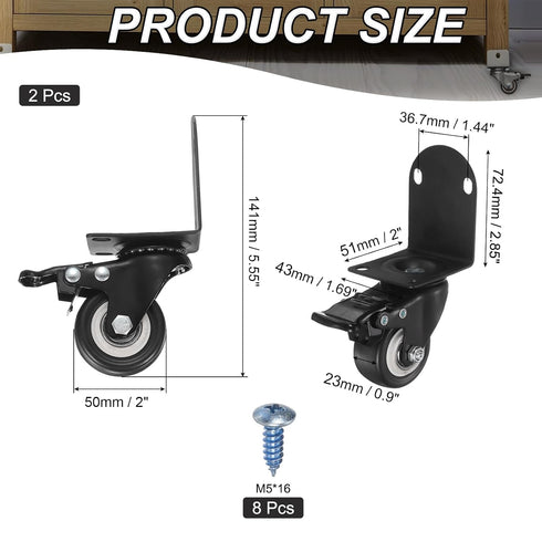 2" 2 PATIKIL Side Mount Casters with Brake Pcs L-Shaped Plate Swivel Wheel Bearing Rolling Caster for Furniture