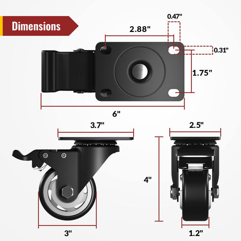 HOLKIE 3 inch Caster Wheels, Industrial Heavy Duty Swivel Casters with Safety Brake, Total Capacity 1000lbs, Pack of 4