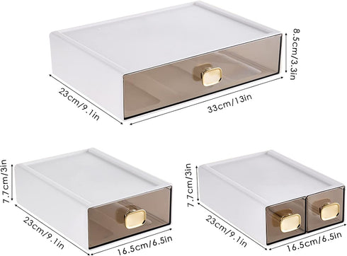 Stackable Desk Organizer with Drawer, 13" Wide Clear Plastic Desktop Organizer for Office, Classroom, Makeup (White, 1